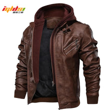 Load image into Gallery viewer, Men's Autumn Winter Motorcycle Leather Jacket Windbreaker Hooded PU Jackets Male Outwear Warm Baseball Jackets Plus Size 3XL