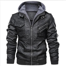 Load image into Gallery viewer, Men's Autumn Winter Motorcycle Leather Jacket Windbreaker Hooded PU Jackets Male Outwear Warm Baseball Jackets Plus Size 3XL
