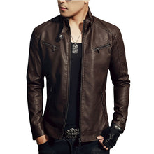 Load image into Gallery viewer, New Arrive Men's Synthetic Leather Jackets Solid Slim Stand Collar Zipper Fashion Coat Motorcycle Leather Jacket Mens Coats