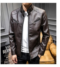 Load image into Gallery viewer, New Arrive Men's Synthetic Leather Jackets Solid Slim Stand Collar Zipper Fashion Coat Motorcycle Leather Jacket Mens Coats