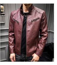Load image into Gallery viewer, New Arrive Men's Synthetic Leather Jackets Solid Slim Stand Collar Zipper Fashion Coat Motorcycle Leather Jacket Mens Coats